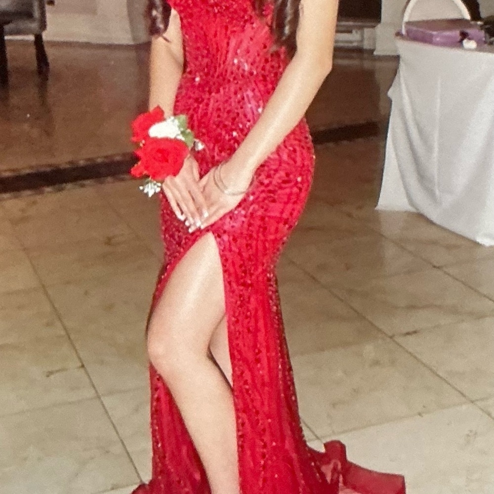 Red Sequin Prom Dress with High Side Slit